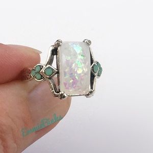 RESTOCK New Vintage Style Fire Opal Rectangular Cocktail Ring -Silver Opal Retro